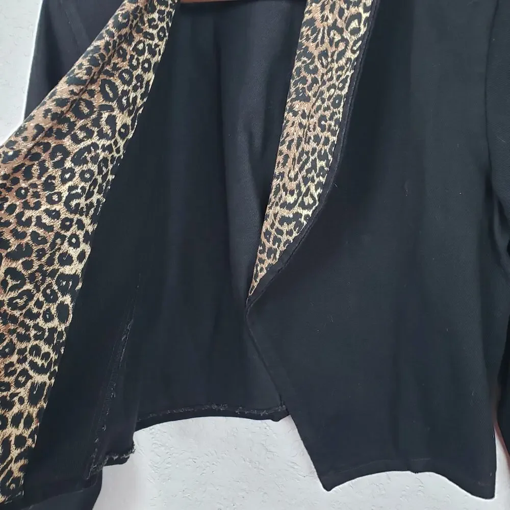 Vintage 90s Denim Open Front Blazer Animal Print Art Pop Classic - L - Picture 4 of 5
